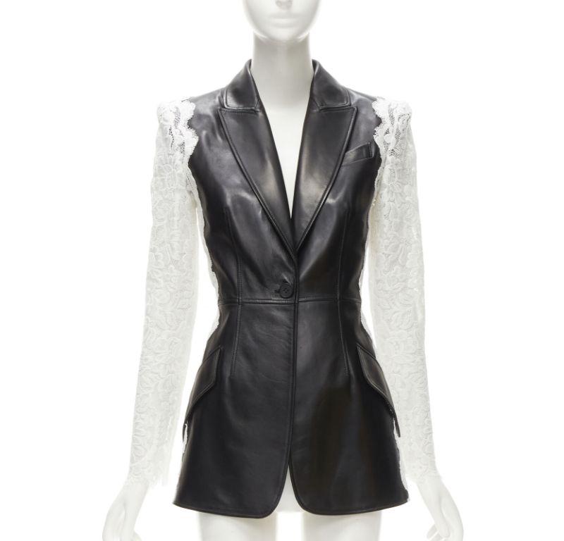 Gray ALEXANDER MCQUEEN 2020 black lamb leather white lace trim blazer jacket IT38 XS For Sale