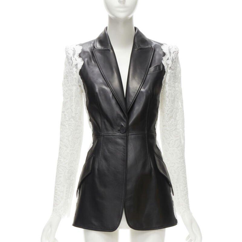 Black ALEXANDER MCQUEEN 2020 black lamb leather white lace trim blazer jacket IT38 XS For Sale