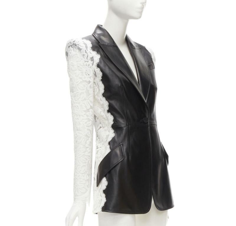 ALEXANDER MCQUEEN 2020 black lamb leather white lace trim blazer jacket IT38 XS In Excellent Condition For Sale In Hong Kong, NT