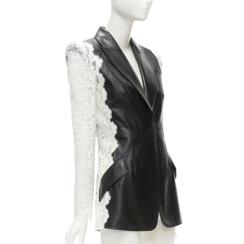 ALEXANDER MCQUEEN 2020 black lamb leather white lace trim blazer jacket IT38 XS In Excellent Condition For Sale In Hong Kong, NT