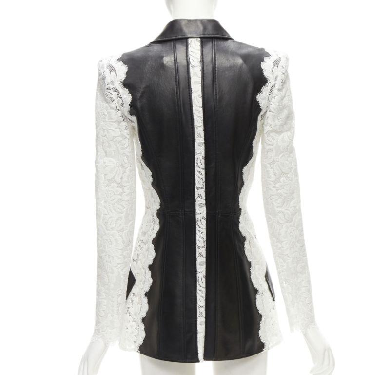 ALEXANDER MCQUEEN 2020 black lamb leather white lace trim blazer jacket IT38 XS For Sale 1