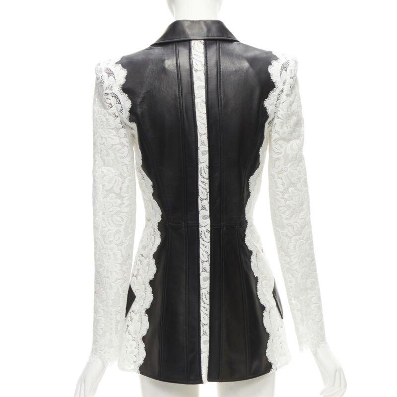 ALEXANDER MCQUEEN 2020 black lamb leather white lace trim blazer jacket IT38 XS For Sale 1