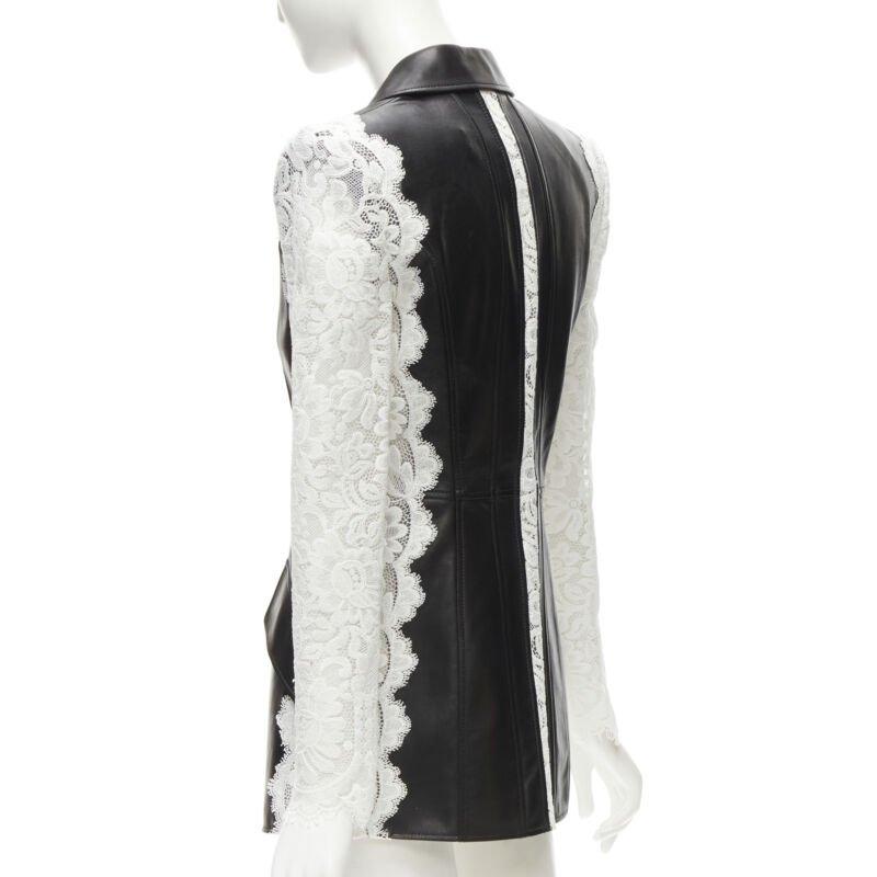 ALEXANDER MCQUEEN 2020 black lamb leather white lace trim blazer jacket IT38 XS For Sale 2