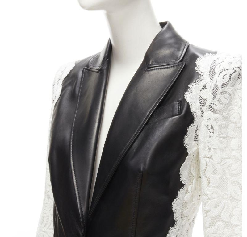ALEXANDER MCQUEEN 2020 black lamb leather white lace trim blazer jacket IT38 XS For Sale 3