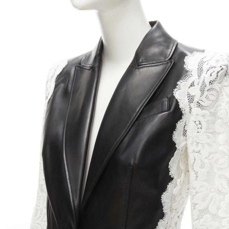 ALEXANDER MCQUEEN 2020 black lamb leather white lace trim blazer jacket IT38 XS For Sale 3