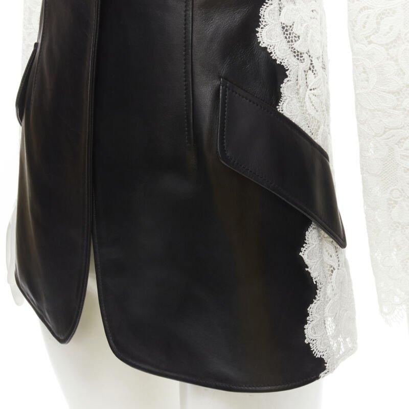 ALEXANDER MCQUEEN 2020 black lamb leather white lace trim blazer jacket IT38 XS For Sale 4