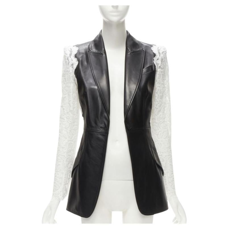 ALEXANDER MCQUEEN 2020 black lamb leather white lace trim blazer jacket IT38 XS For Sale