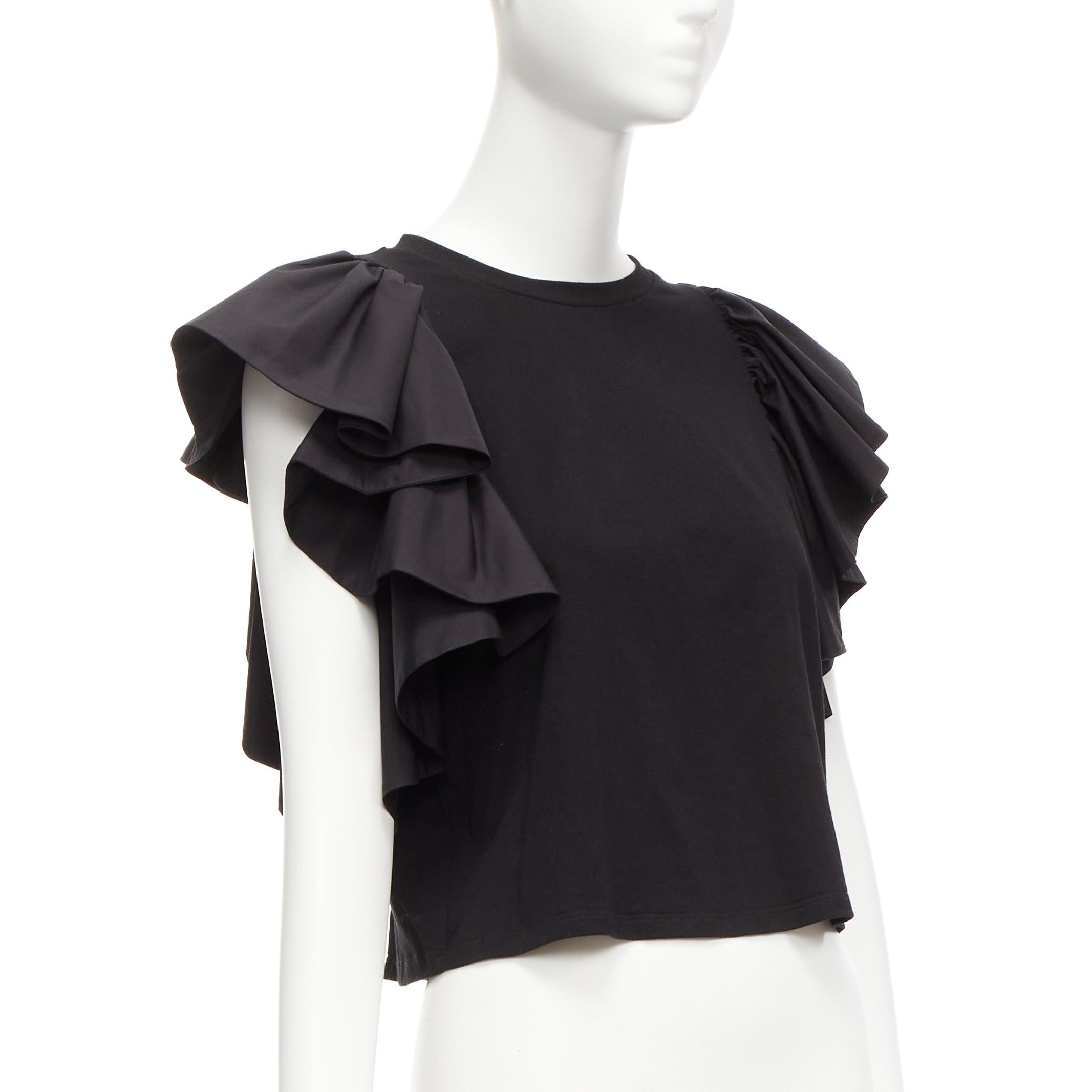 ALEXANDER MCQUEEN 2020 black ruffle cap sleeve bateau crop top IT38 XS In Excellent Condition For Sale In Hong Kong, NT