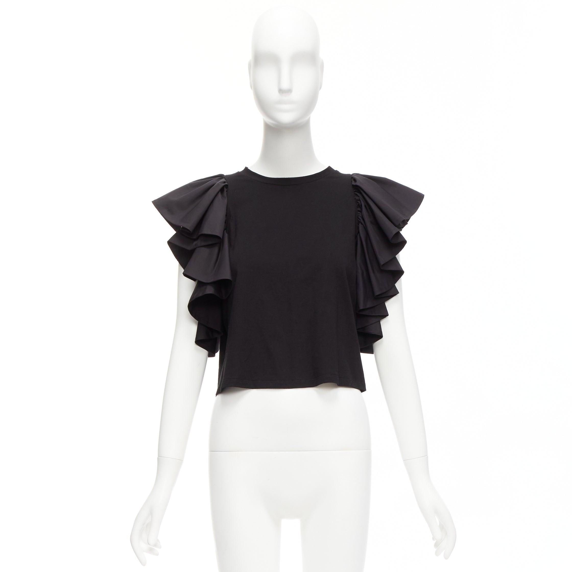 ALEXANDER MCQUEEN 2020 - Top bateau à manches capuchon et volants noirs IT38 XS en vente 4