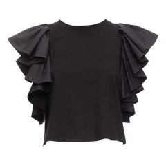 ALEXANDER MCQUEEN 2020 black ruffle cap sleeve bateau crop top IT38 XS