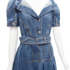 ALEXANDER MCQUEEN 2020 blue denim open collar deconstructed belted dress IT42 M