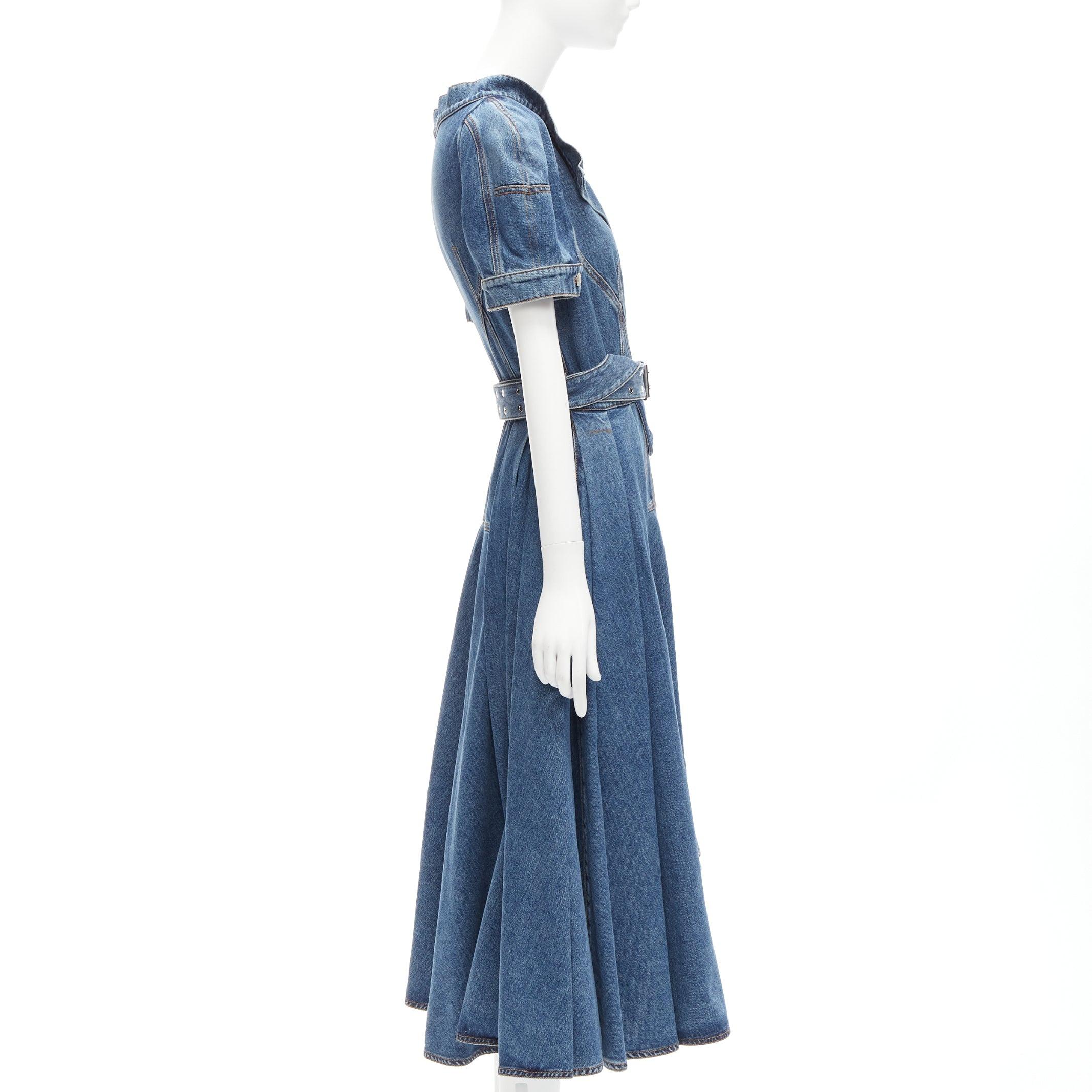 Women's ALEXANDER MCQUEEN 2020 blue denim open collar deconstructed belted dress IT42 M