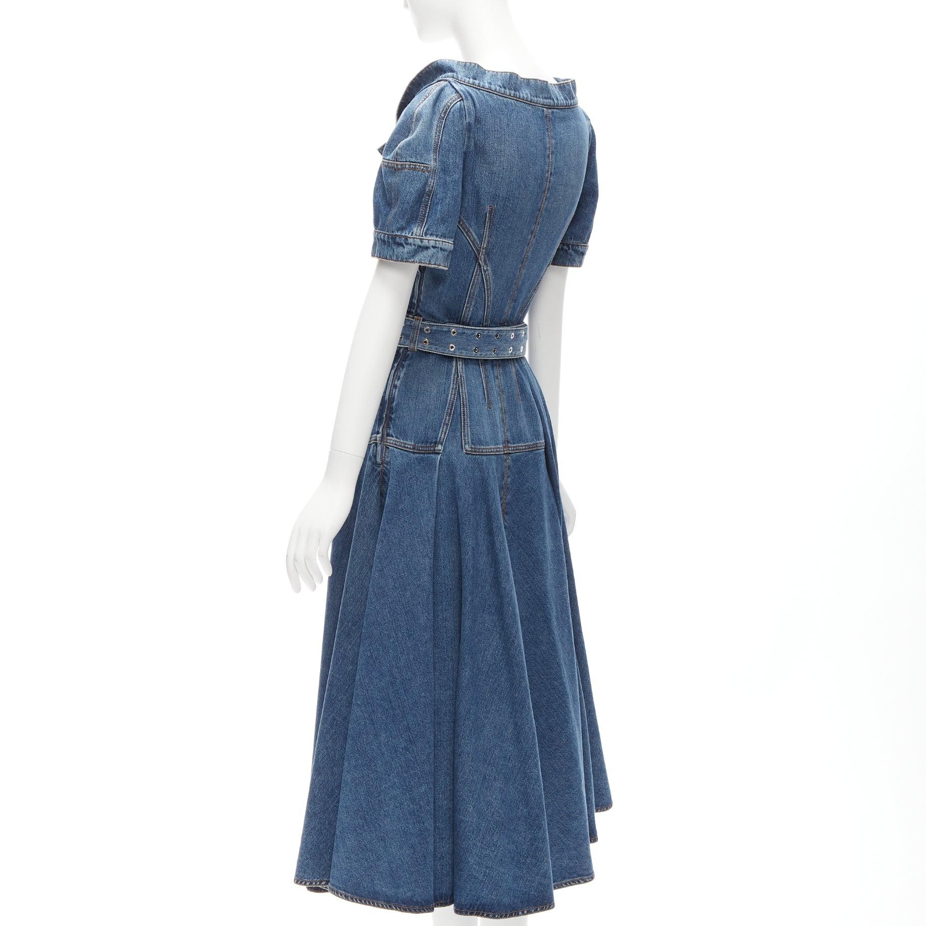 ALEXANDER MCQUEEN 2020 blue denim open collar deconstructed belted dress IT42 M 2