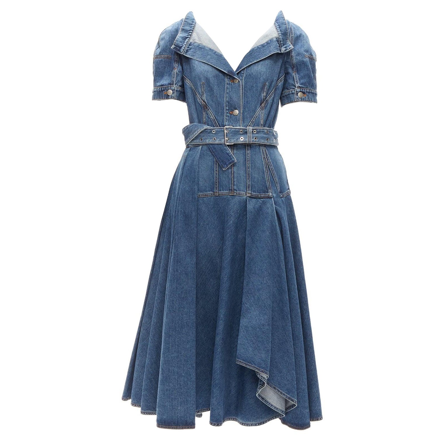 ALEXANDER MCQUEEN 2020 blue denim open collar deconstructed belted dress IT42 M