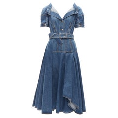 ALEXANDER MCQUEEN 2020 blue denim open collar deconstructed belted dress IT42 M