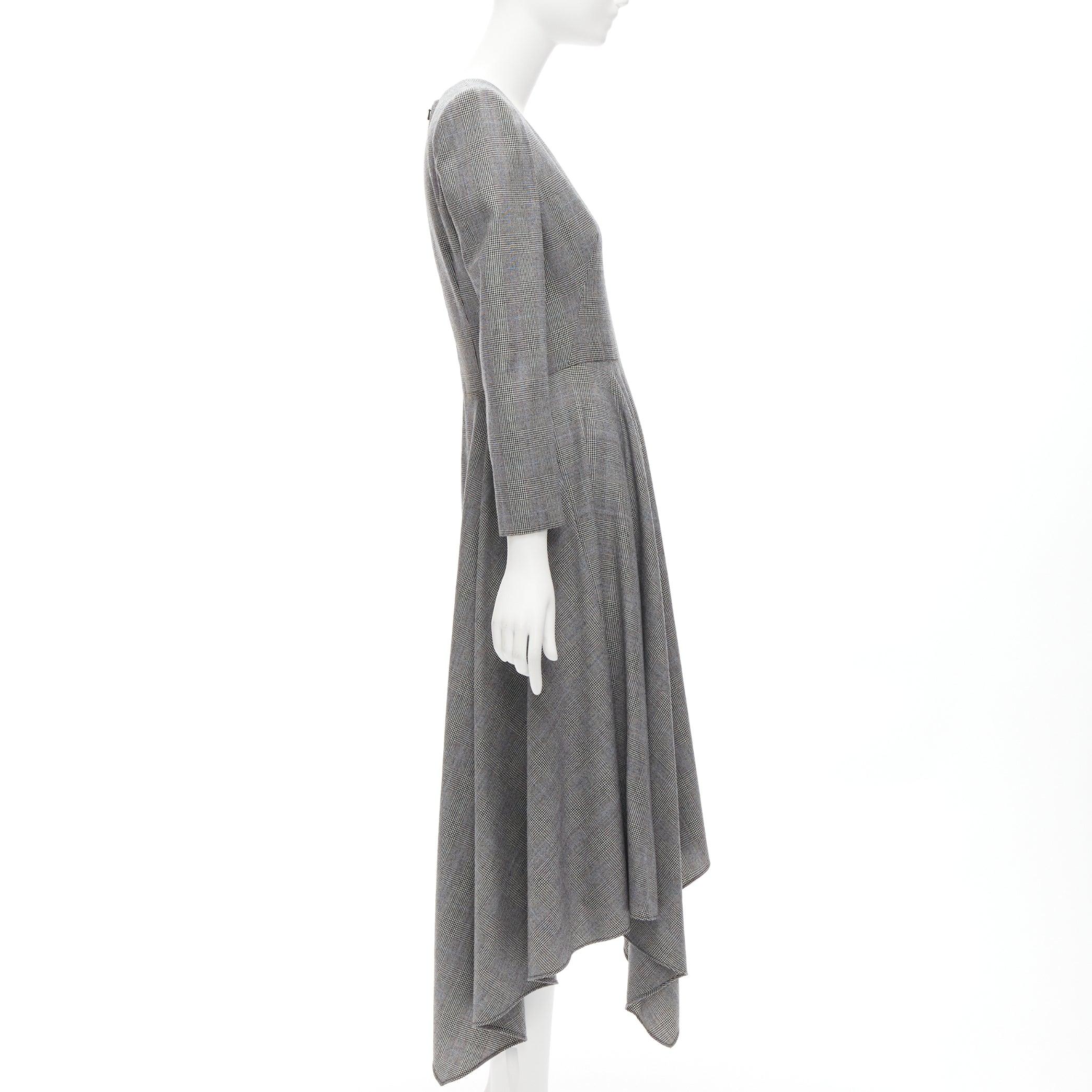 ALEXANDER MCQUEEN 2020 grey houndstooth wool V-neck asymmetric drape dress IT40 In Good Condition For Sale In Hong Kong, NT