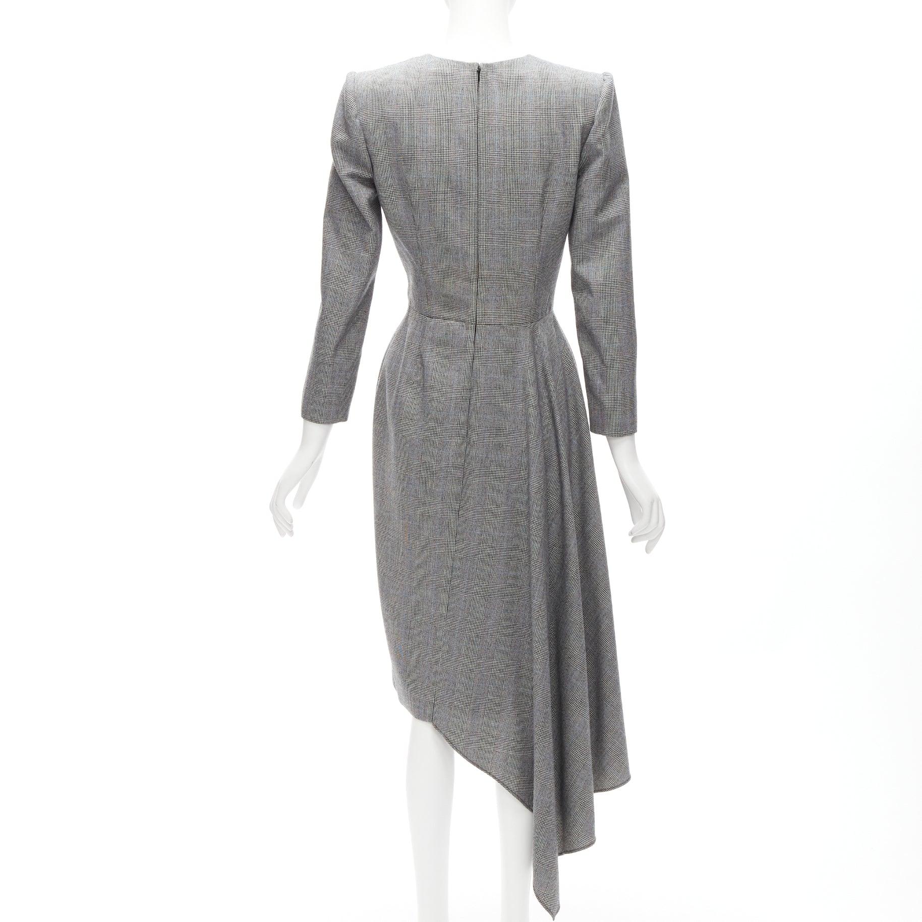 Women's ALEXANDER MCQUEEN 2020 grey houndstooth wool V-neck asymmetric drape dress IT40