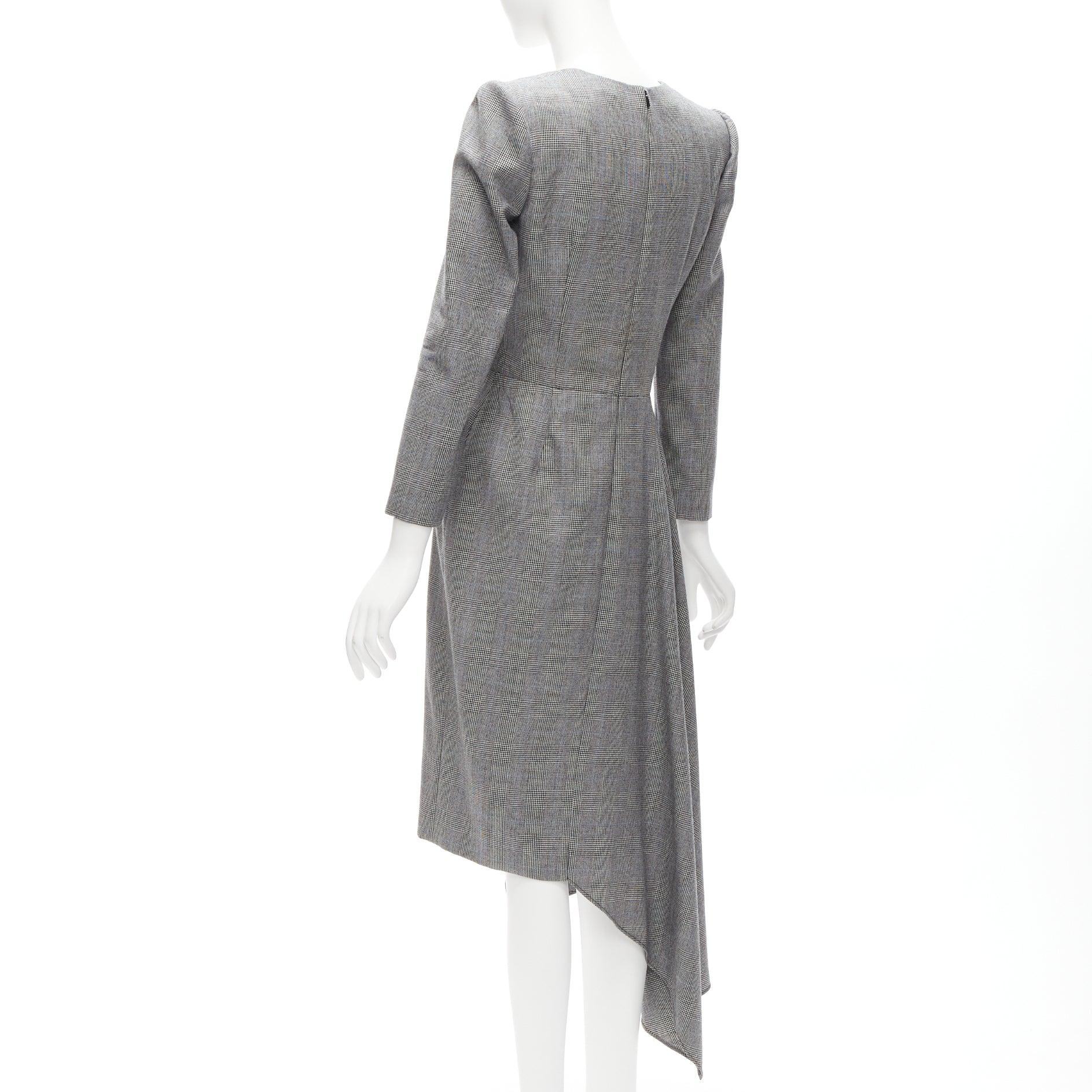 ALEXANDER MCQUEEN 2020 grey houndstooth wool V-neck asymmetric drape dress IT40 For Sale 1