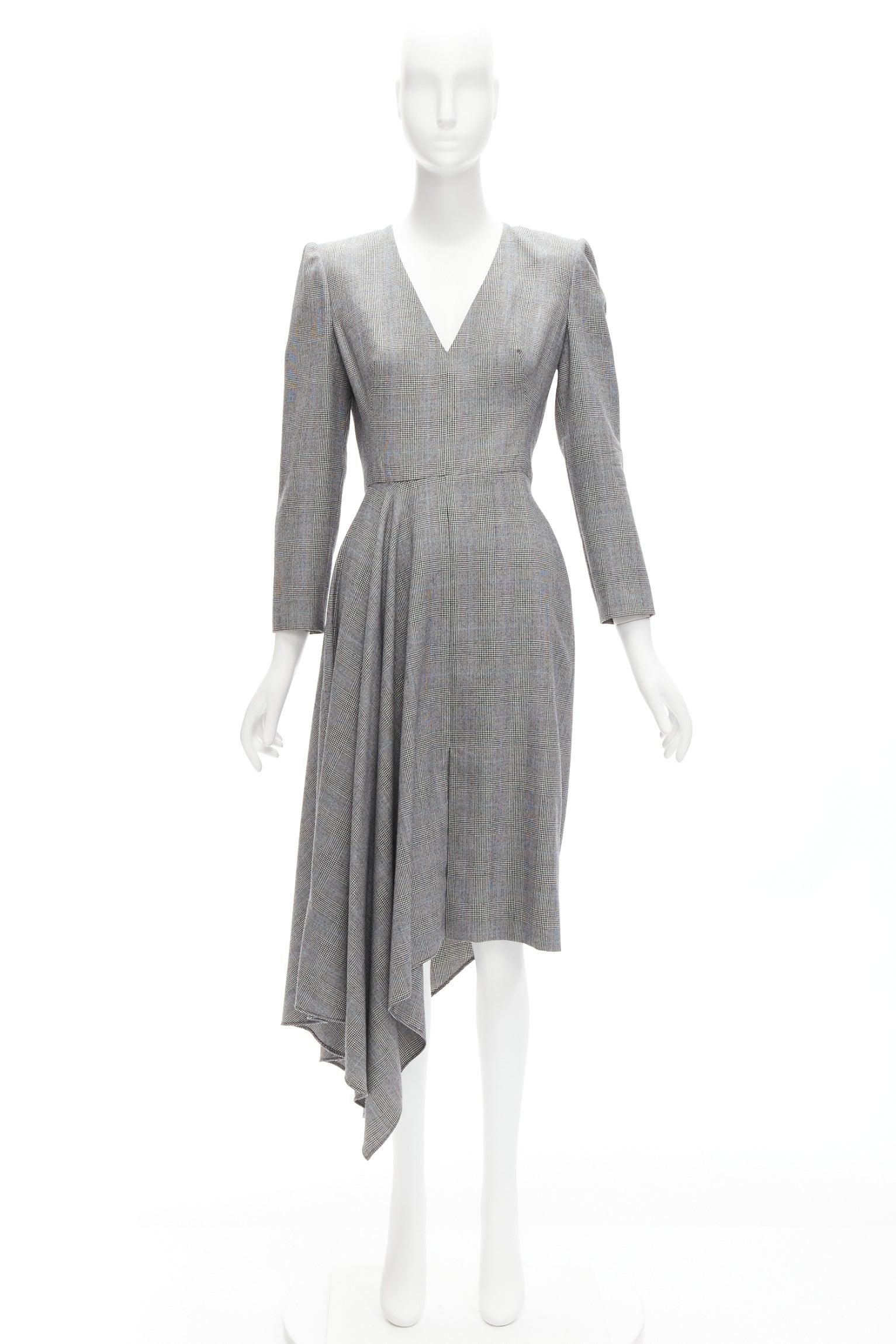 ALEXANDER MCQUEEN 2020 grey houndstooth wool V-neck asymmetric drape dress IT40 For Sale 5