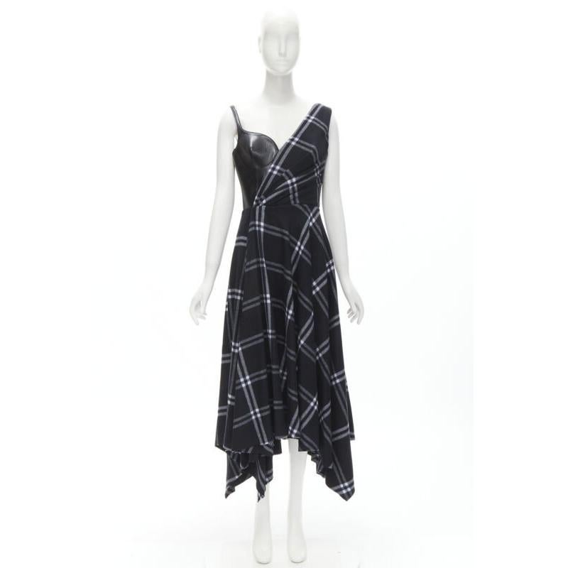 ALEXANDER MCQUEEN 2020 Runway buste en cuir noir robe à carreaux drapés marine IT42 M 7