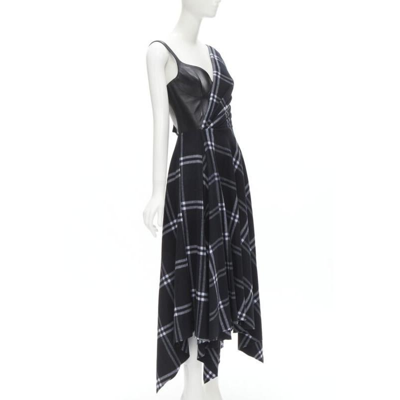 Noir ALEXANDER MCQUEEN 2020 Runway buste en cuir noir robe à carreaux drapés marine IT42 M
