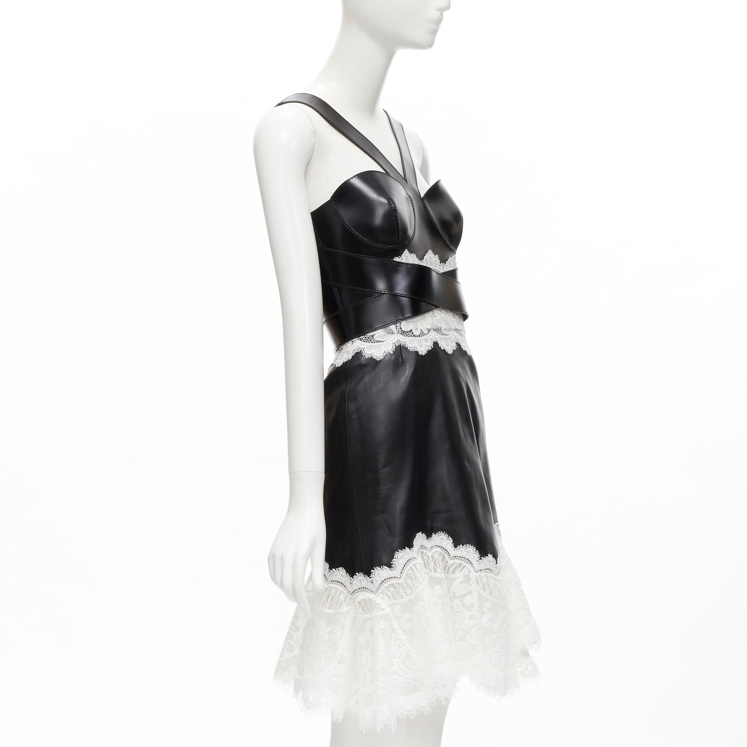 Gray ALEXANDER MCQUEEN 2020 Runway black leather bustier white lace dress IT38 S For Sale