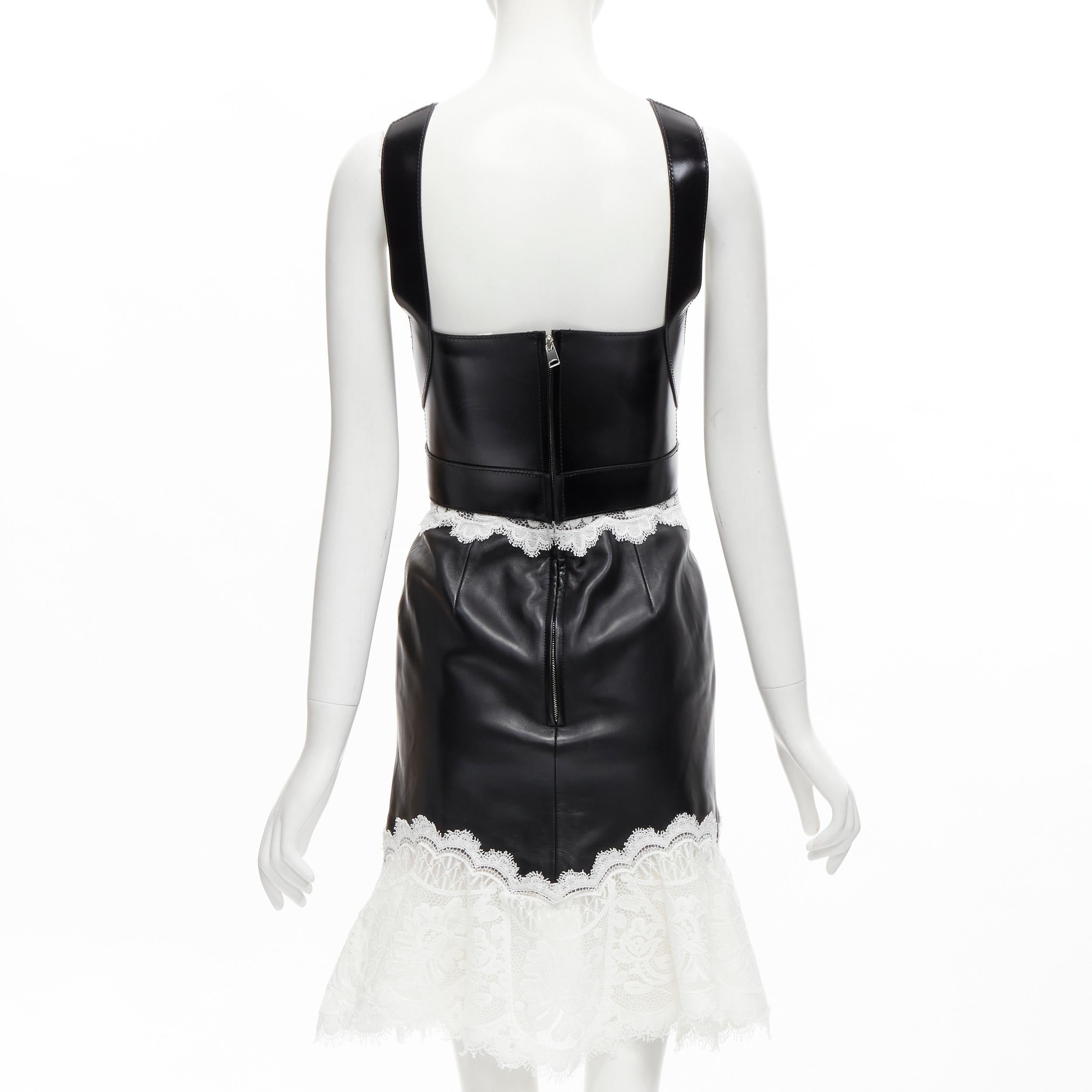 Women's ALEXANDER MCQUEEN 2020 Runway black leather bustier white lace dress IT38 S For Sale