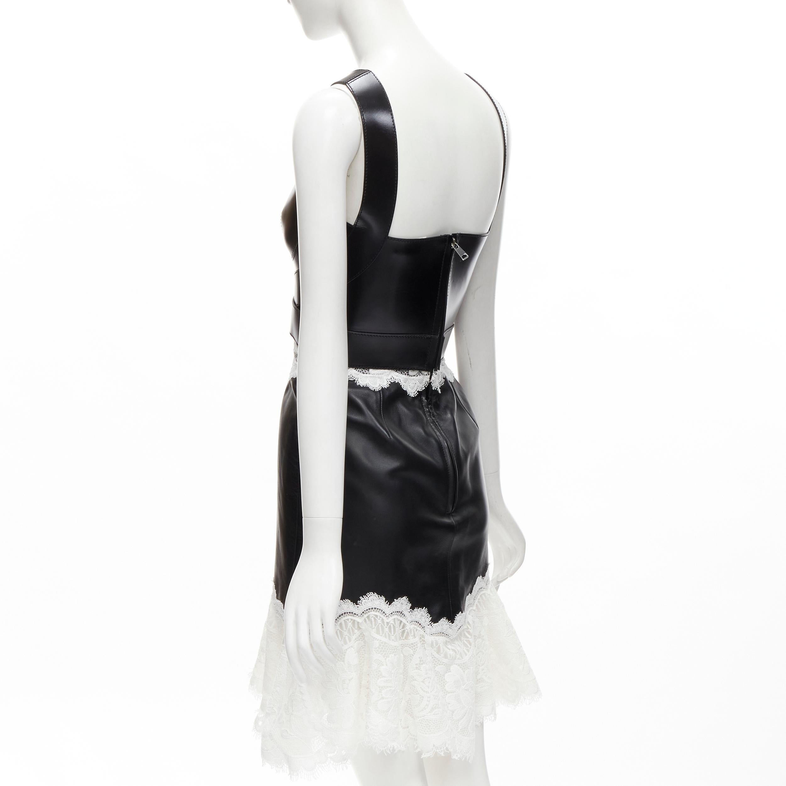 ALEXANDER MCQUEEN 2020 Runway black leather bustier white lace dress IT38 S 1