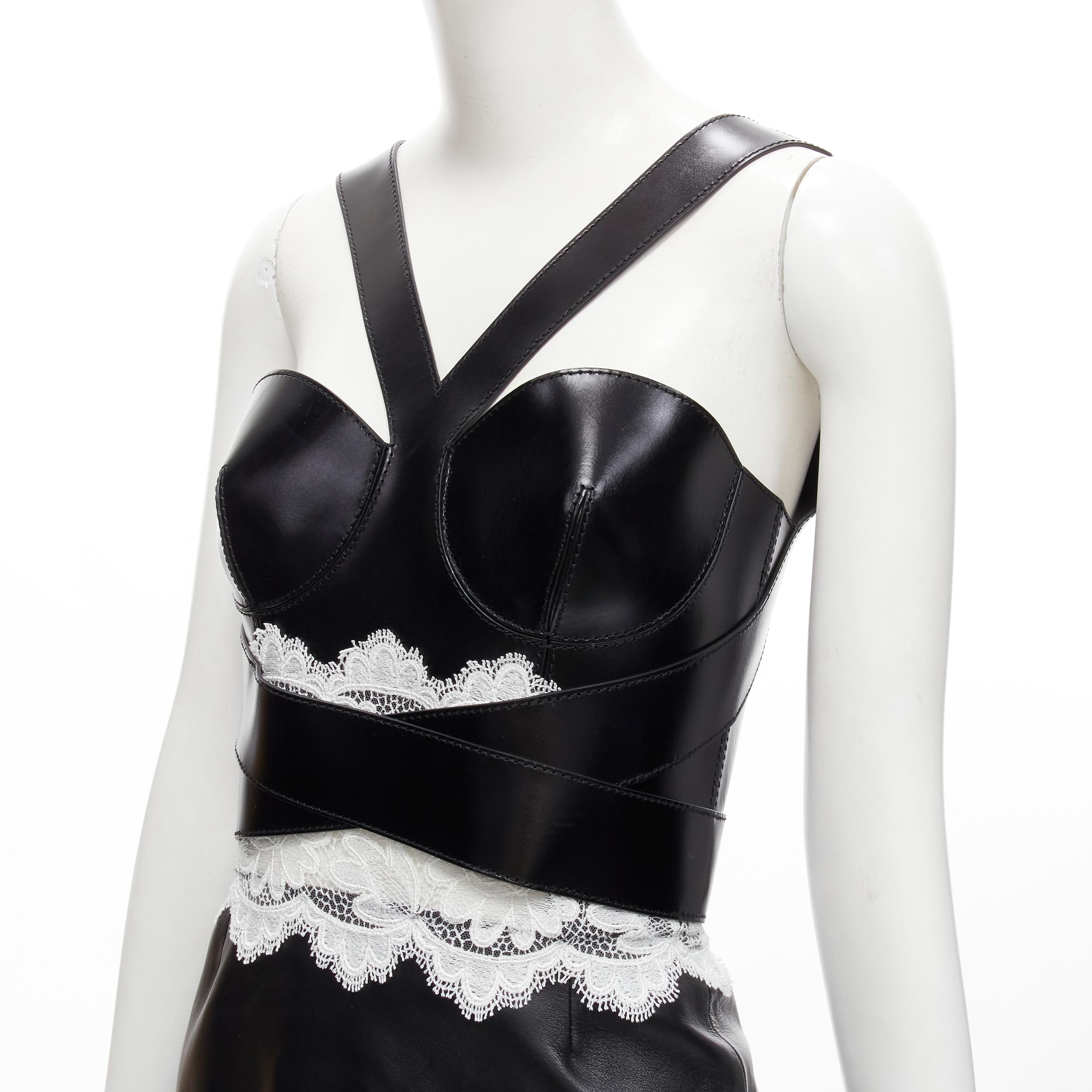 ALEXANDER MCQUEEN 2020 Runway black leather bustier white lace dress IT38 S For Sale 2