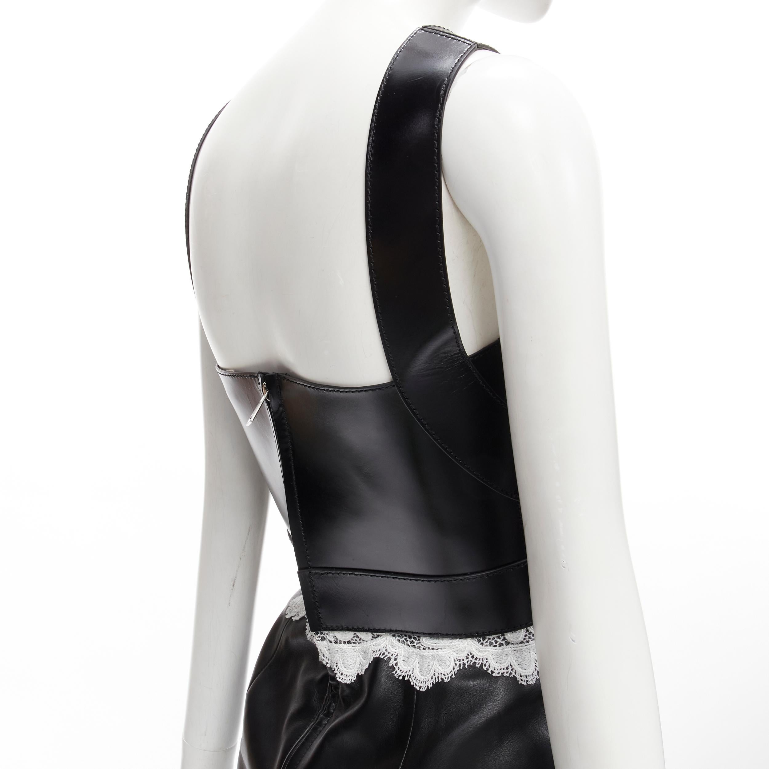 ALEXANDER MCQUEEN 2020 Runway black leather bustier white lace dress IT38 S For Sale 3