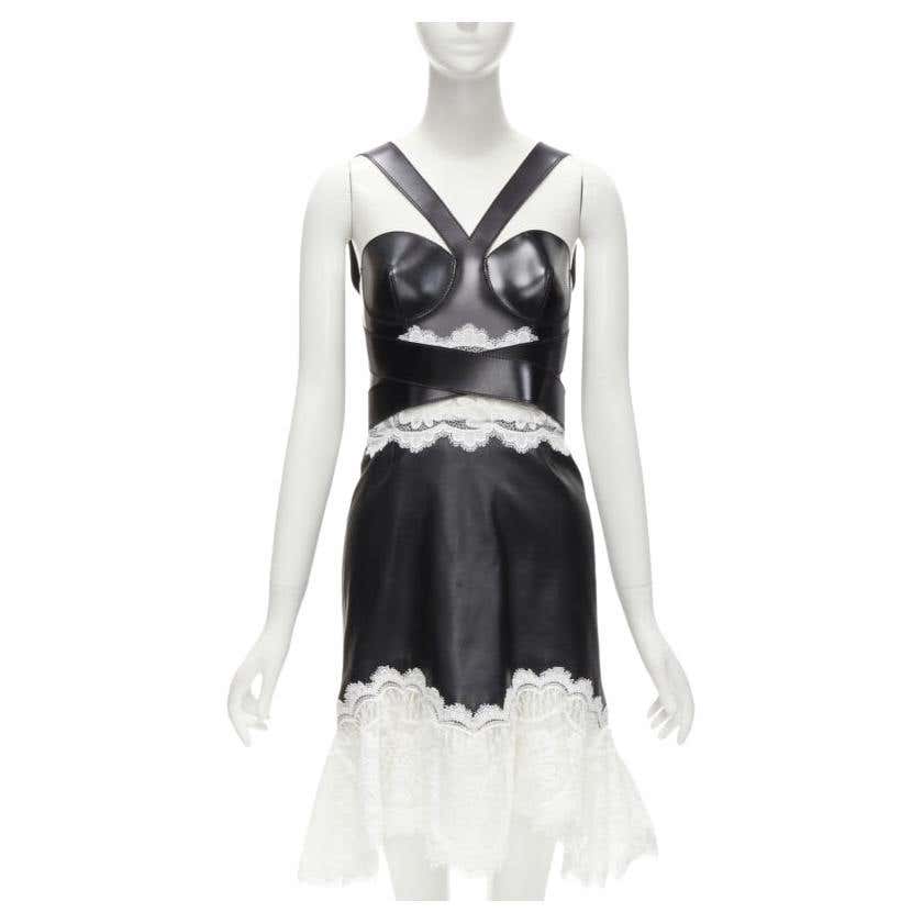 ALEXANDER MCQUEEN 2020 Runway black leather bustier white lace dress ...