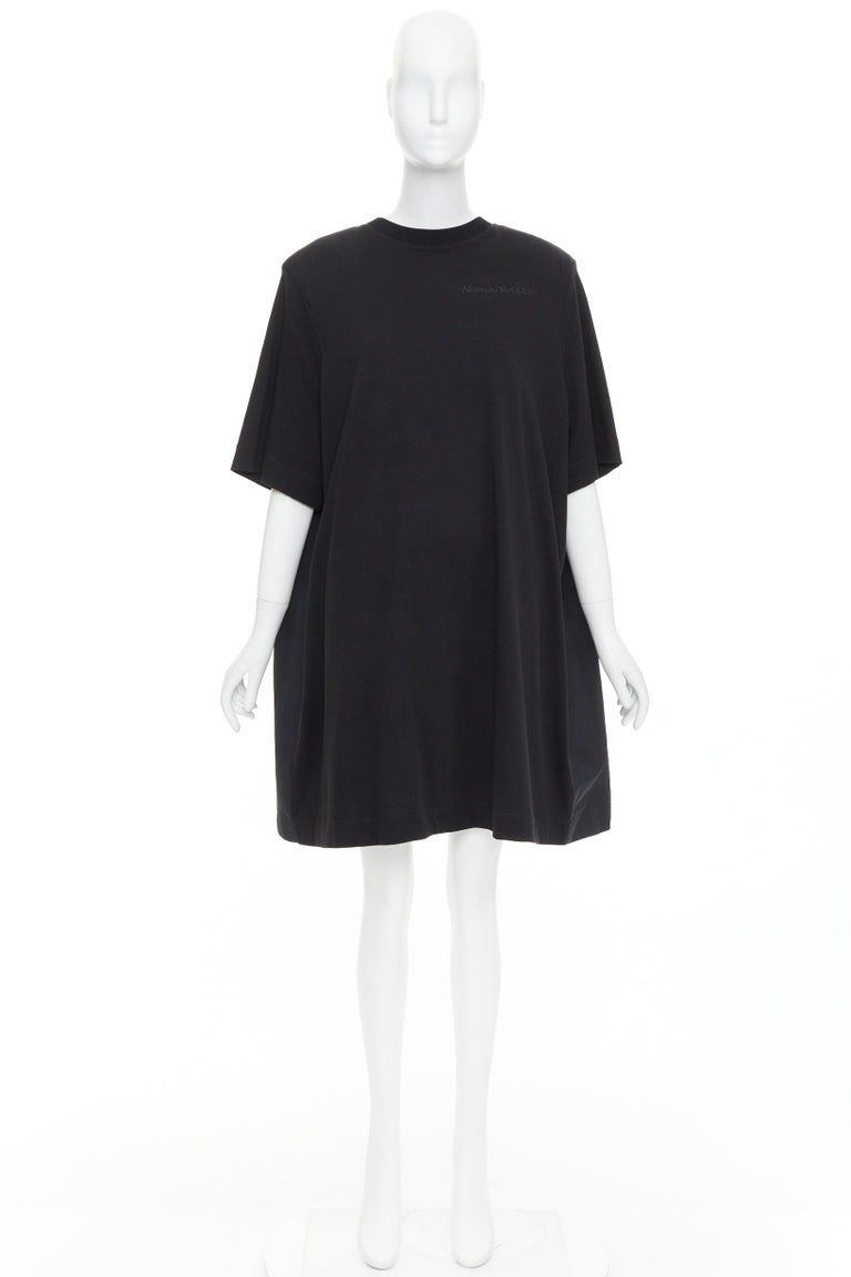 alexander mcqueen t shirt dress Alexander McQueen Ruffled Mini T-Shirt Dress Black Cotton & Blue Taffe Celebrity Owned