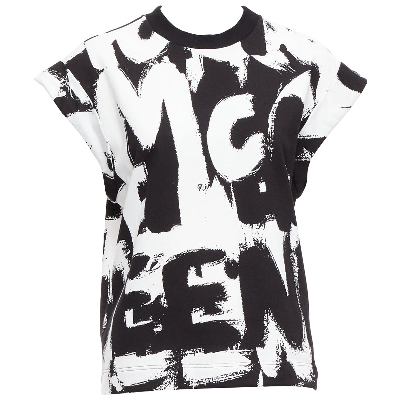 ALEXANDER MCQUEEN 2021 Schwarzweißes kastenförmiges Oberteil aus Baumwolle mit Graffiti-Bürsten IT36 XXS