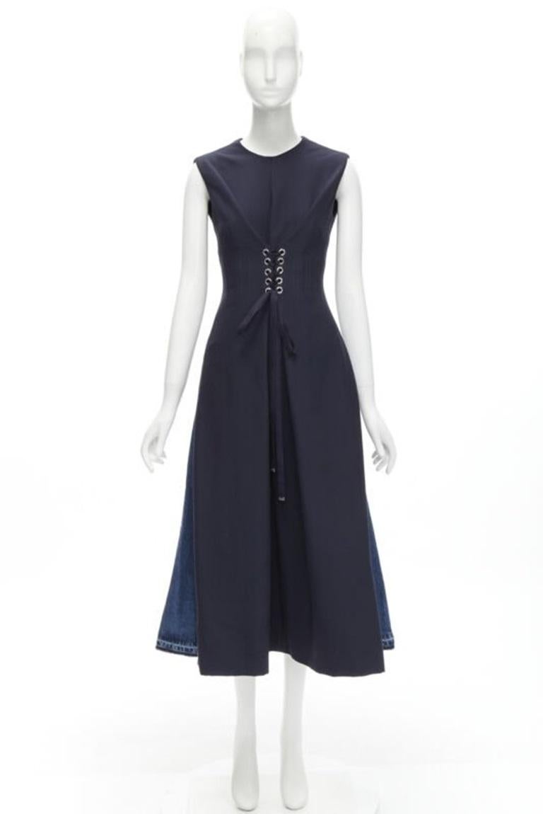 ALEXANDER MCQUEEN 2021 corset lace tie waist denim back midi dress IT38 XS 7