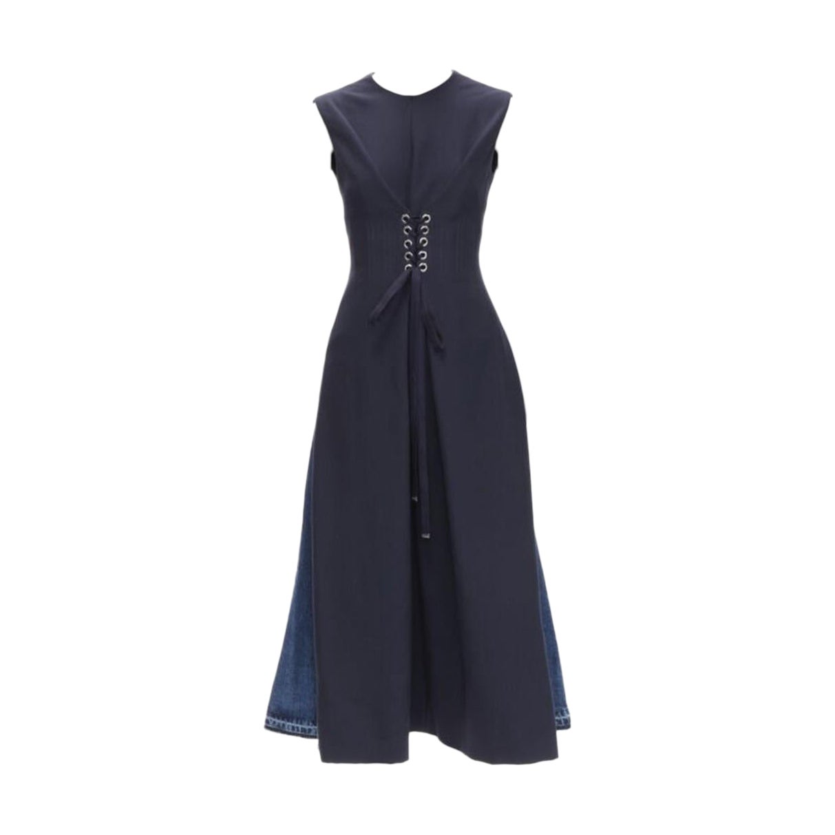 ALEXANDER MCQUEEN 2021 - Robe midi en dentelle corsetée à taille nouée dans le dos en denim IT38 XS