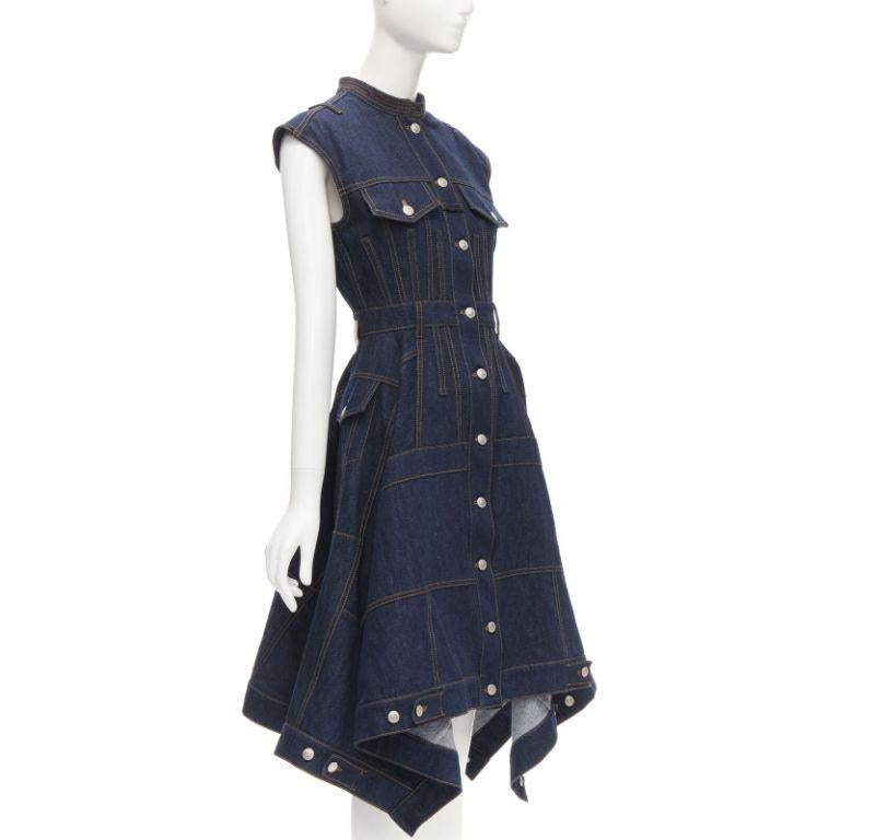 Black ALEXANDER MCQUEEN 2021 denim deconstructed patchwork corset midi dress IT38 XS