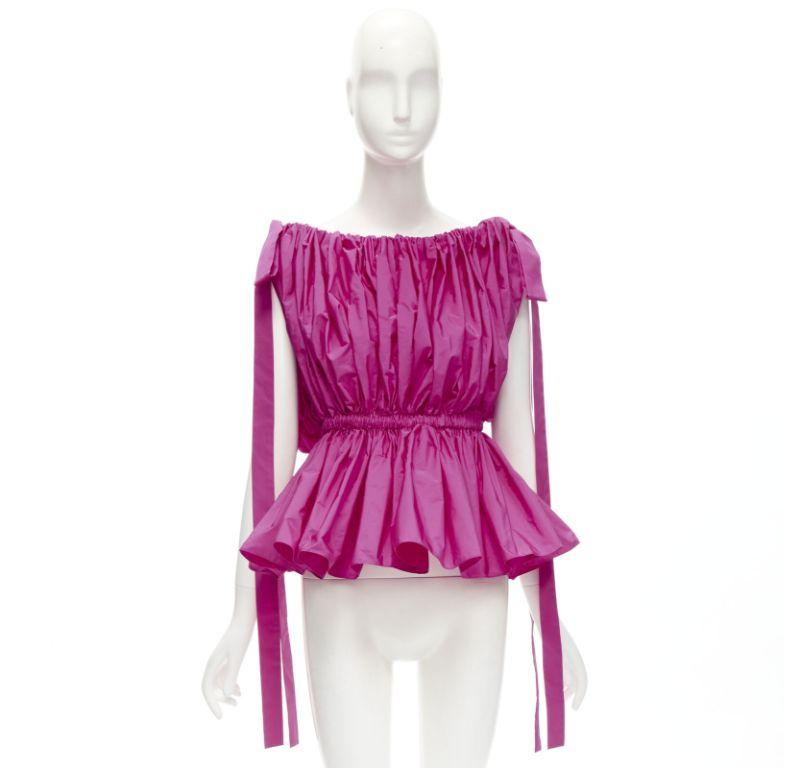 ALEXANDER MCQUEEN 2021 fuschia pink crinkled bow tie shoulder peplum top IT38 XS For Sale 6