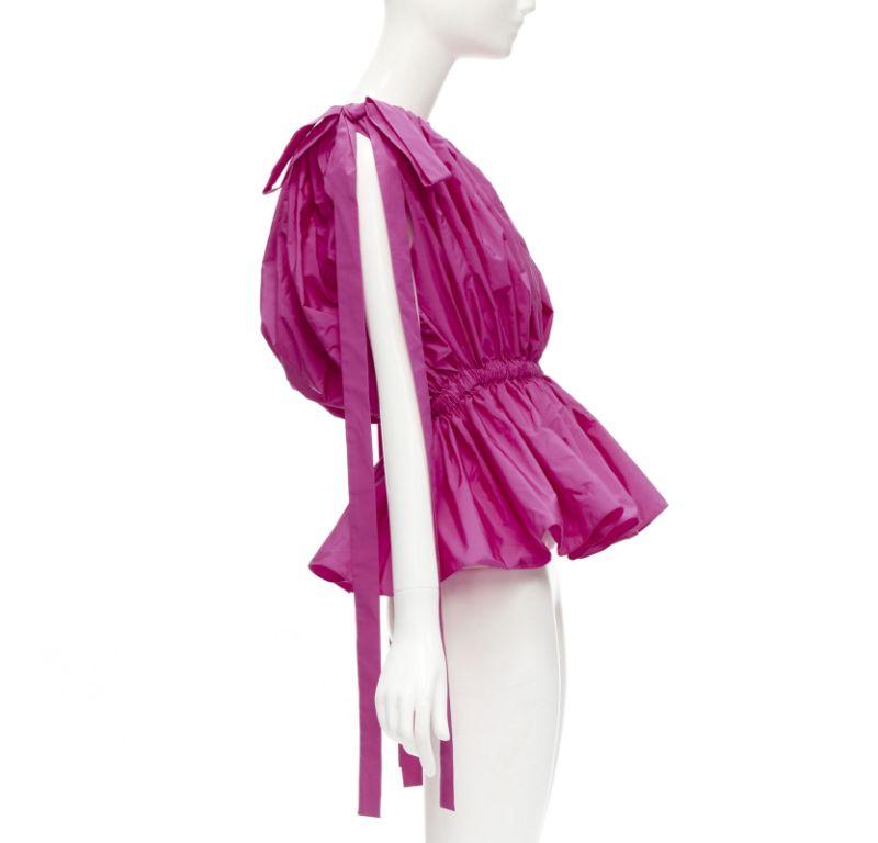 Women's ALEXANDER MCQUEEN 2021 fuschia pink crinkled bow tie shoulder peplum top IT38 XS For Sale