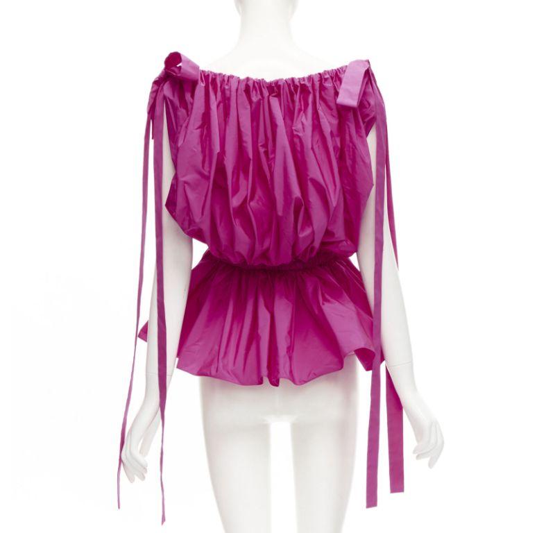 ALEXANDER MCQUEEN 2021 fuschia pink crinkled bow tie shoulder peplum top IT38 XS For Sale 1