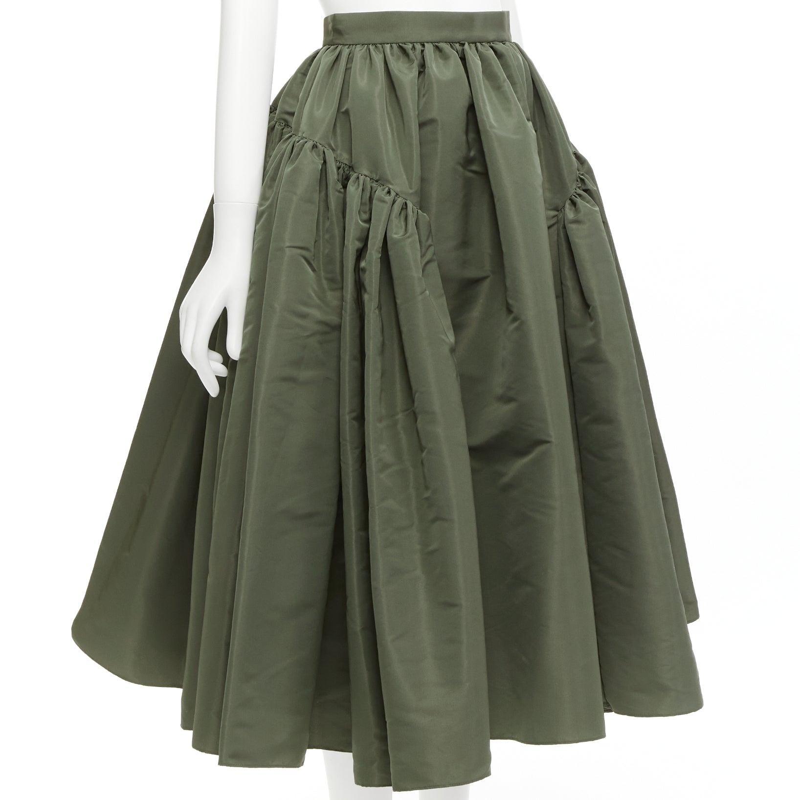 ALEXANDER MCQUEEN 2021 green khaki high waisted midi full skirt IT38 XS In Good Condition In Hong Kong, NT