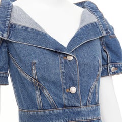 ALEXANDER MCQUEEN 2021 Runway blue denim open boat neck puff sleeve dress IT40 S
