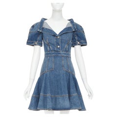 ALEXANDER MCQUEEN 2021 Runway blue denim open boat neck puff sleeve dress IT40 S