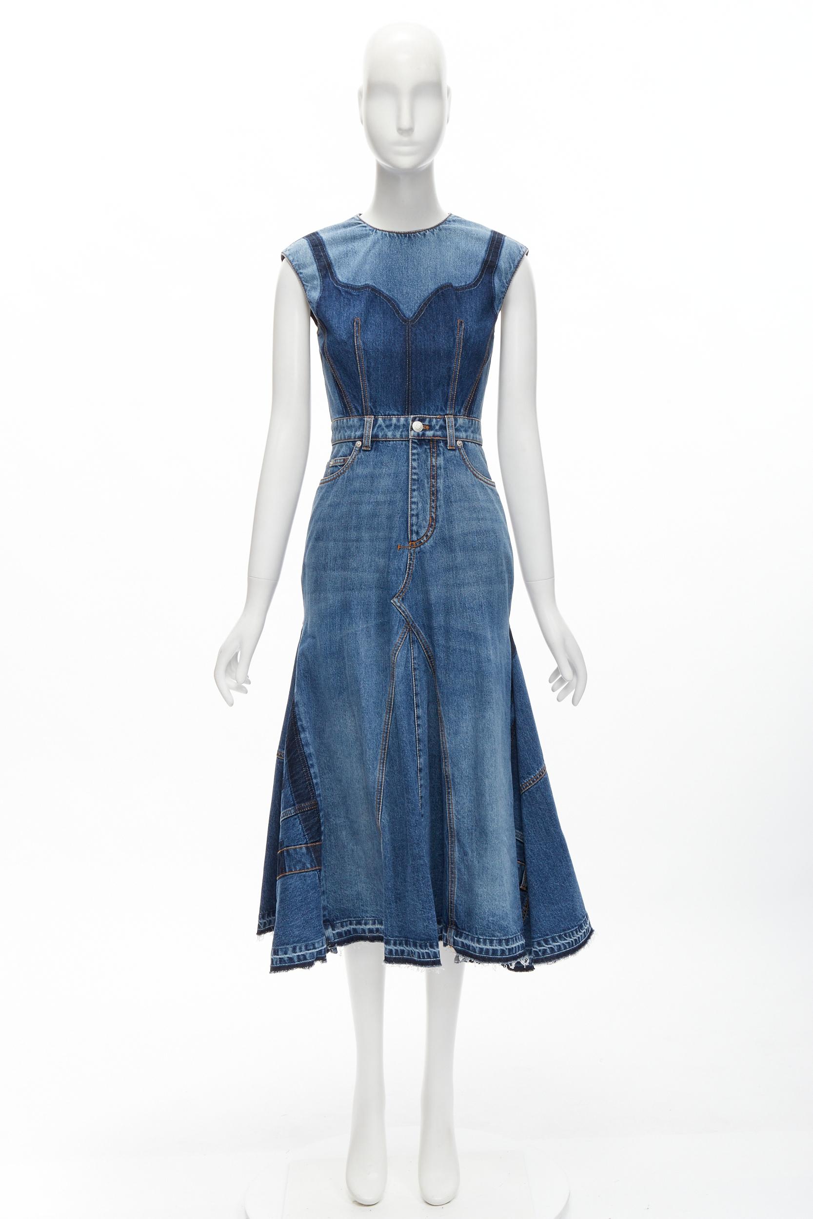 ALEXANDER MCQUEEN 2021 Runway washed denim shadow bodice midi dress IT38 XS For Sale 4