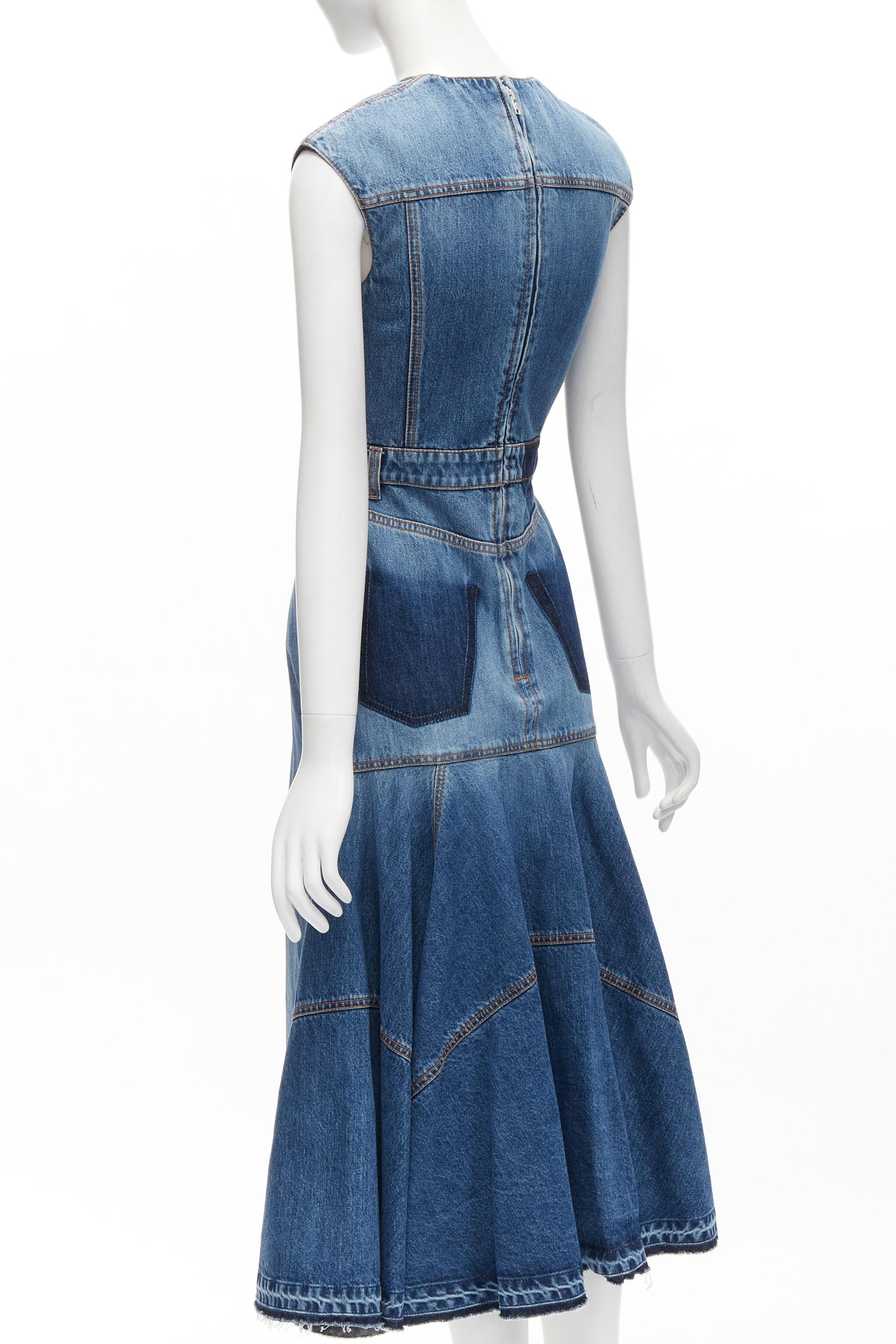 ALEXANDER MCQUEEN 2021 Runway washed denim shadow bodice midi dress IT38 XS In Excellent Condition For Sale In Hong Kong, NT