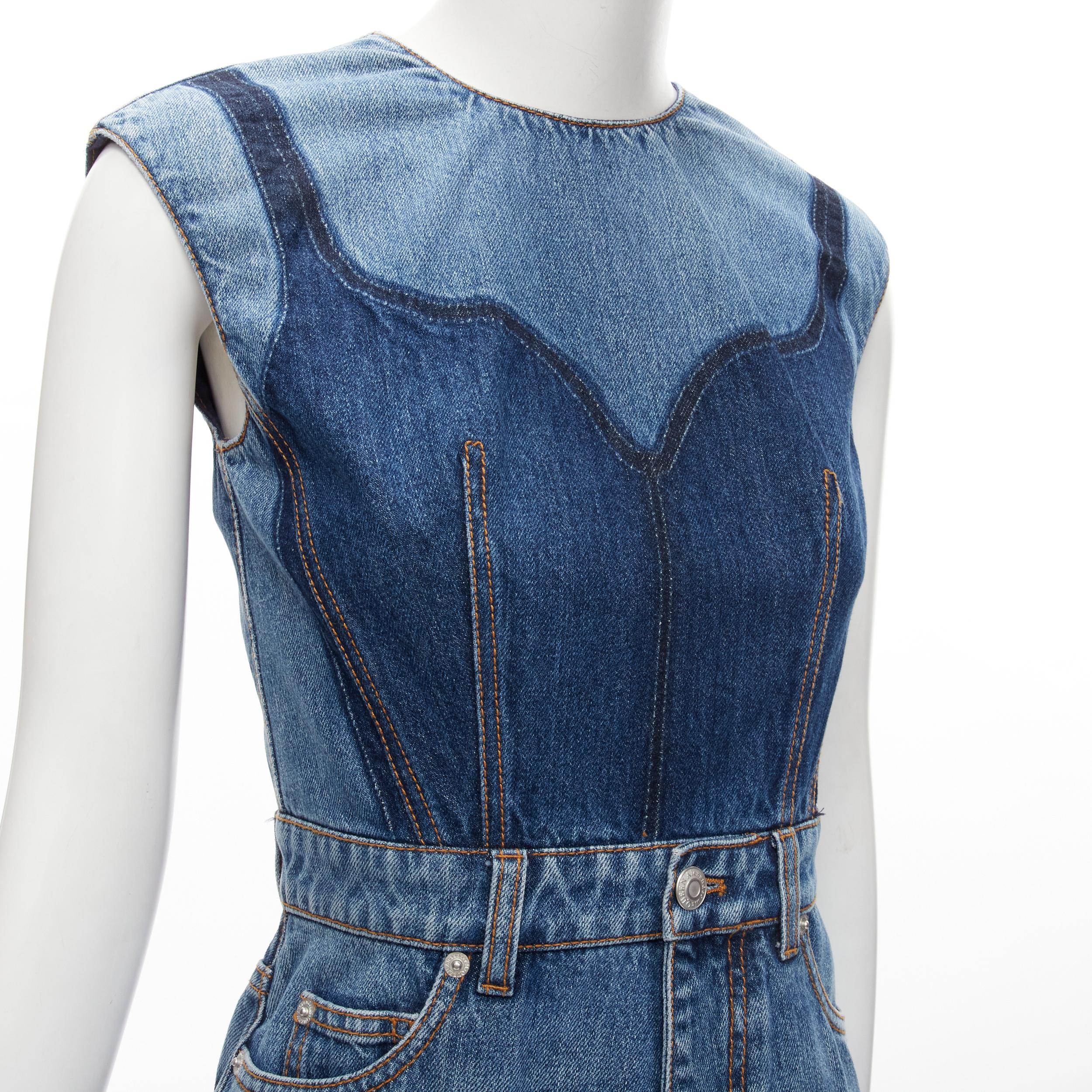 Women's ALEXANDER MCQUEEN 2021 Runway washed denim shadow bodice midi dress IT38 XS