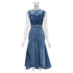 ALEXANDER MCQUEEN 2021 Runway washed denim shadow bodice midi dress IT38 XS