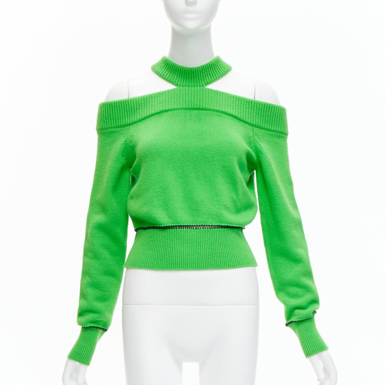 Green ALEXANDER MCQUEEN 2022 100% wool cold shoulder black lattice seam sweater S For Sale