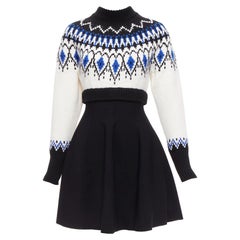 ALEXANDER MCQUEEN 2022 100%wool blue black fairisle long sleeve sweater dress XS