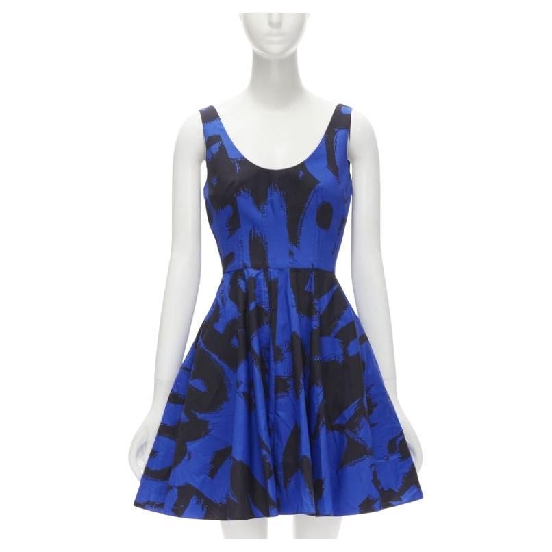ALEXANDER MCQUEEN 2022 black blue abstract print fit flared scoop dress It38 S For Sale