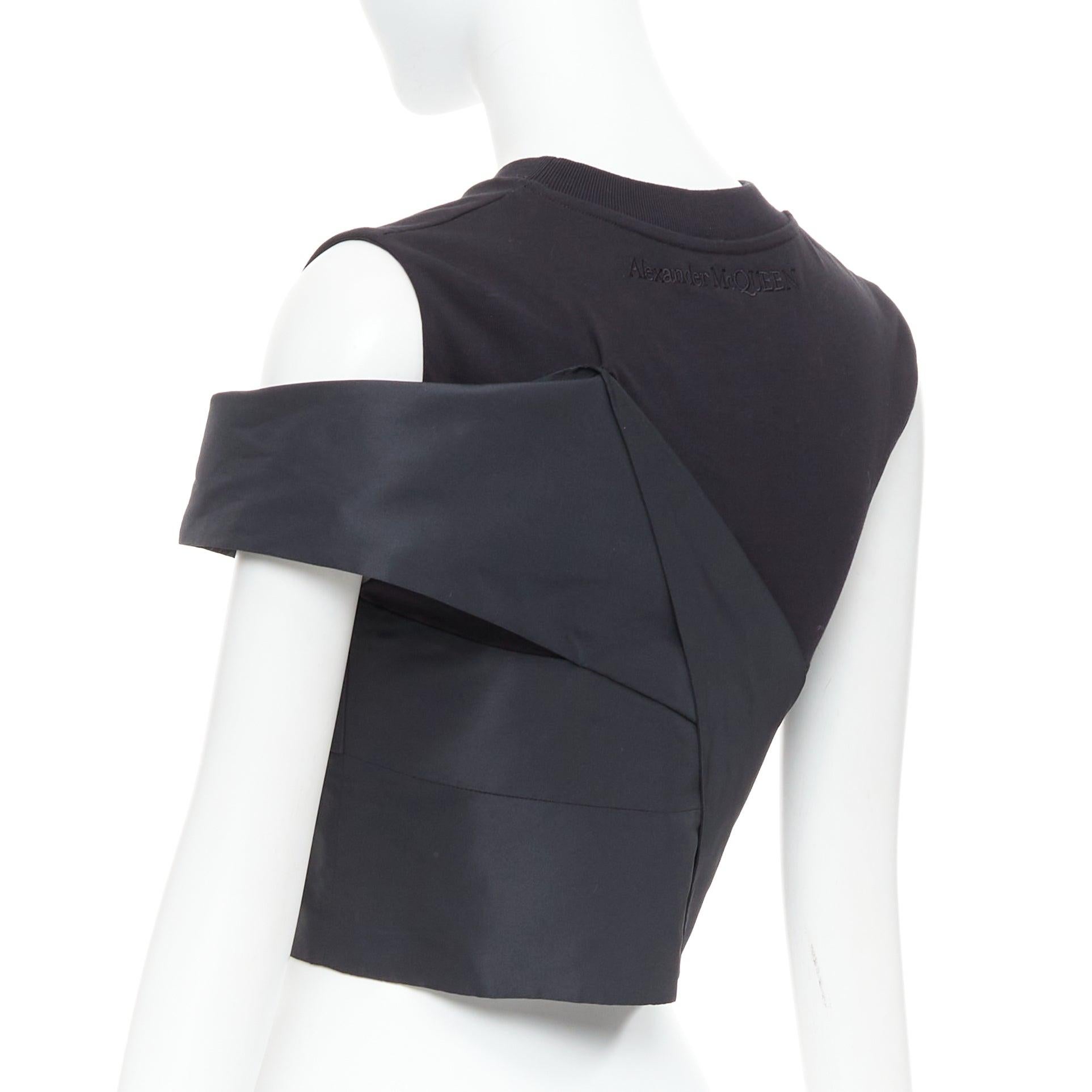 ALEXANDER MCQUEEN 2022 black draped cold shoulder taffeta crop top IT38 XS 1